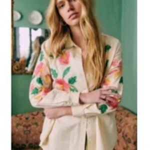 Magnolia Pearl Cream Button-Down Shirt with Pink & Yellow Floral Embroidery